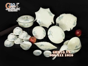 Bộ đồ ăn men kem vẽ hoa Sen Xanh, chỉ xanh - 19 chi tiết