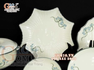 Bộ đồ ăn men kem vẽ hoa Sen Xanh, chỉ xanh - 19 chi tiết