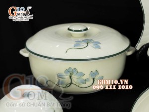 Bộ đồ ăn men kem vẽ hoa Sen Xanh, chỉ xanh - 19 chi tiết