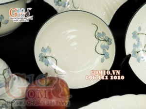 Bộ đồ ăn men kem vẽ hoa Sen Xanh, chỉ xanh - 19 chi tiết