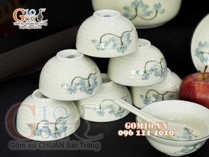 Bộ đồ ăn men kem vẽ hoa Sen Xanh, chỉ xanh - 19 chi tiết