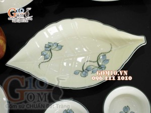 Bộ đồ ăn men kem vẽ hoa Sen Xanh, chỉ xanh - 19 chi tiết