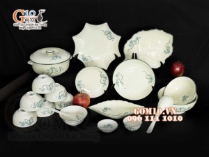 Bộ đồ ăn men kem vẽ hoa Sen Xanh, chỉ xanh - 19 chi tiết