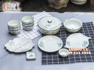 Bộ đồ ăn men kem vẽ hoa Sen xanh chỉ xanh cao cấp