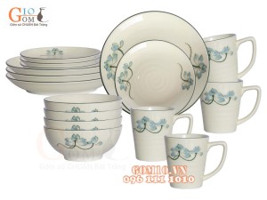 Bộ đồ ăn men kem vẽ hoa Sen xanh