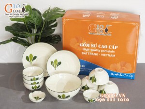 Bộ đồ ăn men kem vẽ lá Ngò gai, 11 chi tiết