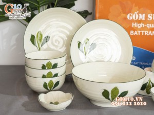 Bộ đồ ăn men kem vẽ lá Ngò gai, 11 chi tiết