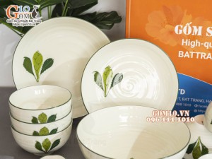 Bộ đồ ăn men kem vẽ lá Ngò gai, 11 chi tiết