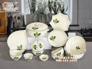 Bộ đồ ăn men kem vẽ lá Ngò gai, 14 chi tiết