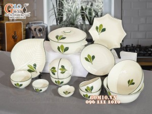 Bộ đồ ăn men kem vẽ lá Ngò gai, 14 chi tiết