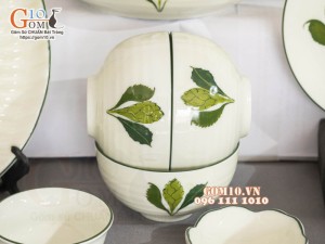 Bộ đồ ăn men kem vẽ lá Ngò gai, 14 chi tiết