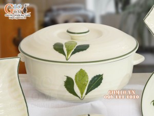 Bộ đồ ăn men kem vẽ lá Ngò gai, 14 chi tiết