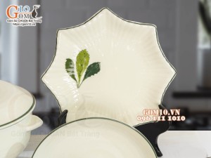 Bộ đồ ăn men kem vẽ lá Ngò gai, 14 chi tiết