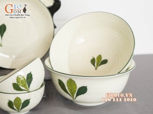 Bộ đồ ăn men kem vẽ lá Ngò gai, 14 chi tiết