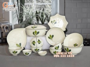 Bộ đồ ăn men kem vẽ lá Ngò gai, 14 chi tiết