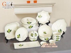 Bộ đồ ăn men kem vẽ lá Ngò gai, 16 chi tiết