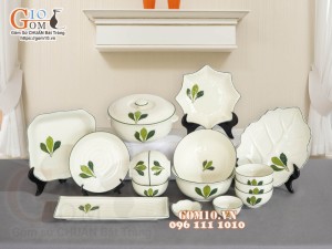 Bộ đồ ăn men kem vẽ lá Ngò gai, 16 chi tiết