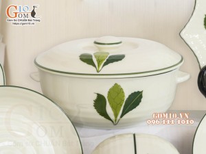 Bộ đồ ăn men kem vẽ lá Ngò gai, 16 chi tiết