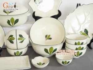 Bộ đồ ăn men kem vẽ lá Ngò gai, 16 chi tiết