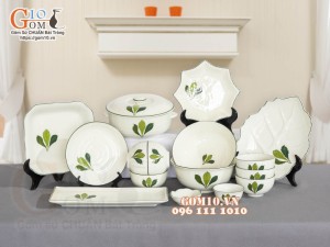 Bộ đồ ăn men kem vẽ lá Ngò gai, 16 chi tiết