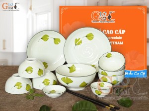 Bộ đồ ăn men kem vẽ lá Như Ý 11 chi tiết