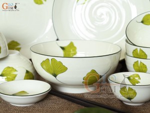 Bộ đồ ăn men kem vẽ lá Như Ý 11 chi tiết