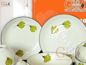 Bộ đồ ăn men kem vẽ lá Như Ý 11 chi tiết