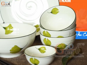 Bộ đồ ăn men kem vẽ lá Như Ý 11 chi tiết