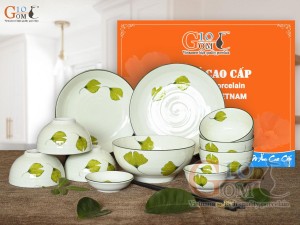 Bộ đồ ăn men kem vẽ lá Như Ý 11 chi tiết