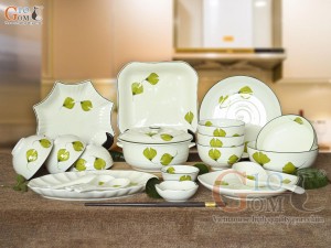 Bộ đồ ăn men kem vẽ lá Như Ý, 20 chi tiết