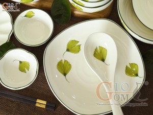 Bộ đồ ăn men kem vẽ lá Như Ý, 20 chi tiết