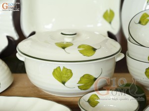 Bộ đồ ăn men kem vẽ lá Như Ý, 20 chi tiết