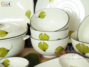 Bộ đồ ăn men kem vẽ lá Như Ý, 20 chi tiết