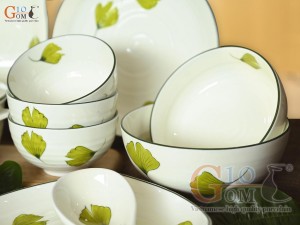 Bộ đồ ăn men kem vẽ lá Như Ý, 20 chi tiết