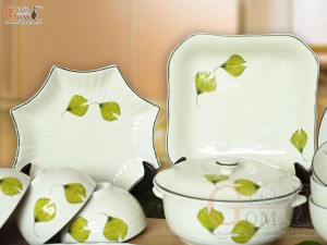 Bộ đồ ăn men kem vẽ lá Như Ý, 20 chi tiết