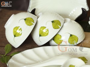 Bộ đồ ăn men kem vẽ lá Như Ý, 20 chi tiết