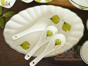 Bộ đồ ăn men kem vẽ lá Như Ý, 20 chi tiết