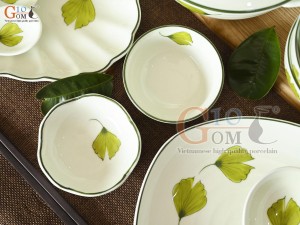 Bộ đồ ăn men kem vẽ lá Như Ý, 20 chi tiết