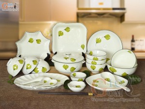 Bộ đồ ăn men kem vẽ lá Như Ý, 20 chi tiết