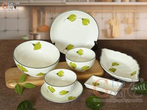 Bộ đồ ăn men kem vẽ lá Như Ý, 7 chi tiết