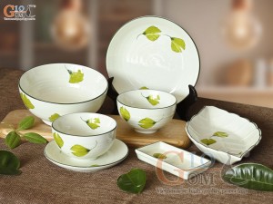 Bộ đồ ăn men kem vẽ lá Như Ý, 7 chi tiết