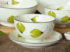 Bộ đồ ăn men kem vẽ lá Như Ý, 7 chi tiết