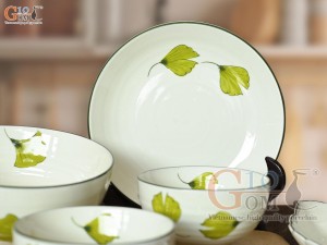 Bộ đồ ăn men kem vẽ lá Như Ý, 7 chi tiết