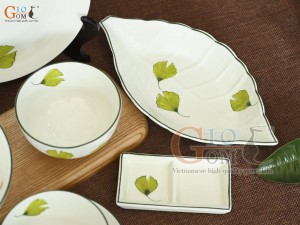 Bộ đồ ăn men kem vẽ lá Như Ý, 7 chi tiết