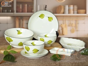 Bộ đồ ăn men kem vẽ lá Như Ý, 7 chi tiết