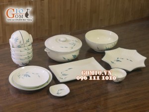 Bộ đồ ăn men kem vẽ lá Trúc xanh