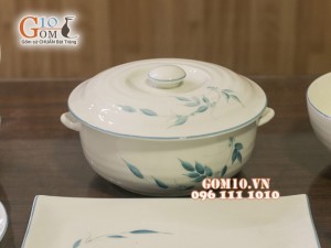 Bộ đồ ăn men kem vẽ lá Trúc xanh