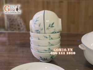 Bộ đồ ăn men kem vẽ lá Trúc xanh