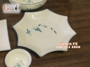 Bộ đồ ăn men kem vẽ lá Trúc xanh