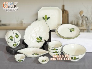 Bộ đồ ăn men kem vẽ Ngò gai, 14 chi tiết